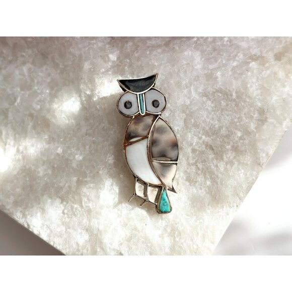 Multistone Vintage Southwest Native American Owl Figural Sterling Silver Brooch - Picture 3 of 9